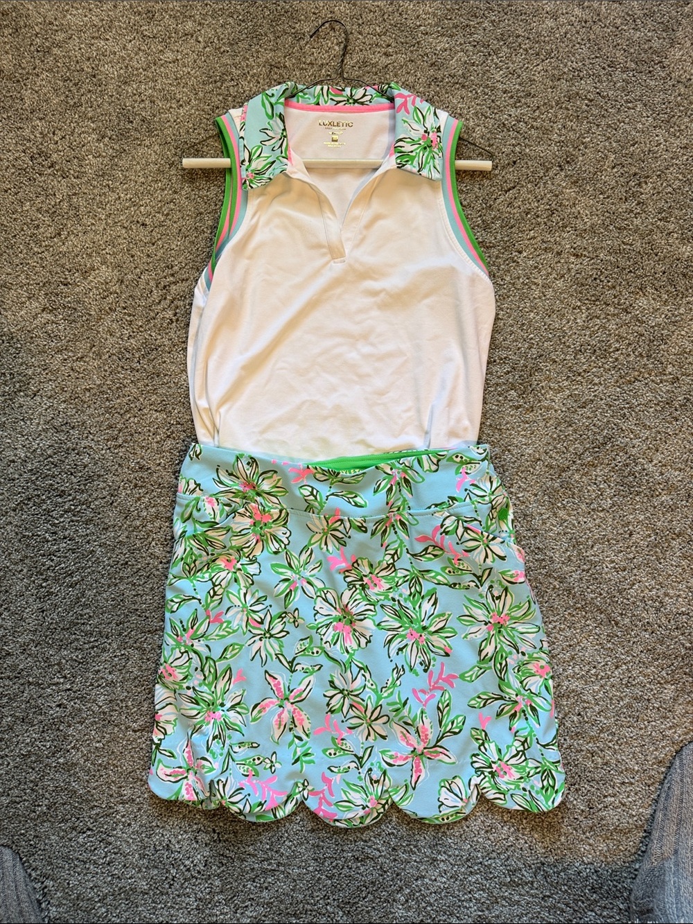 Lilly Pulitzer White Polo Top with Mint, Pink & Green Floral Skirt Set